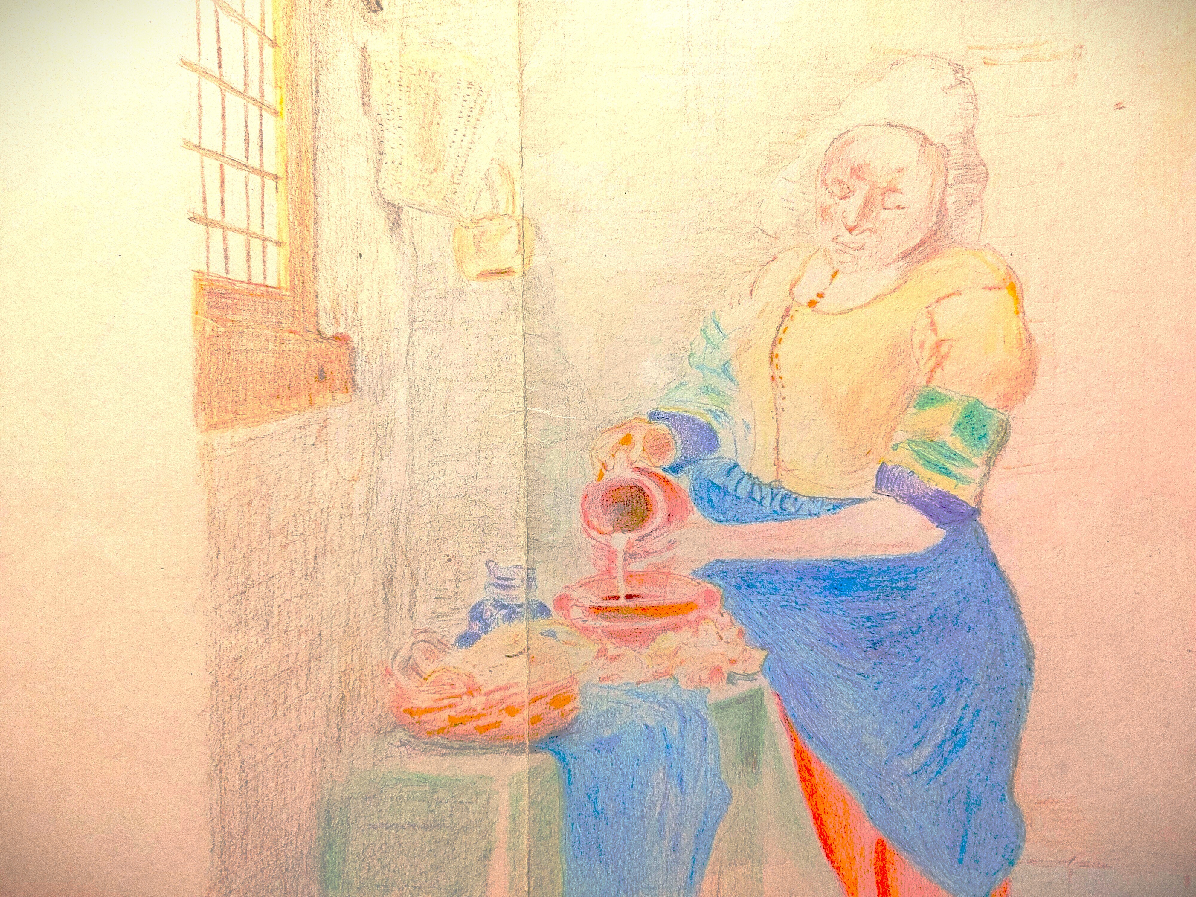 絵、書も得意です。これはフェルメールの模写。色鉛筆で描いています。